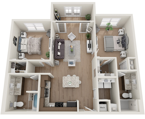 a 3d floor plan of a home with a bedroom and living room